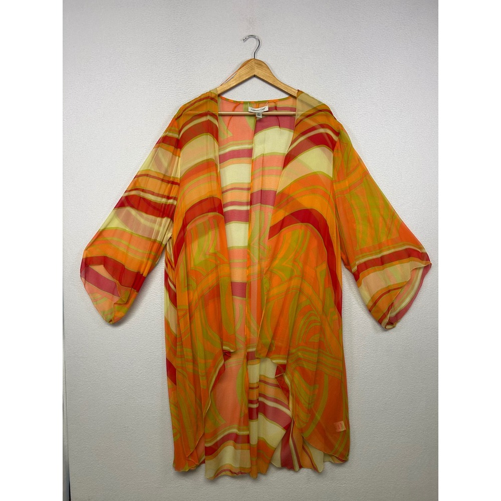 Boho Psychedelic Coldwater Creek Womens 2X Orange Silk Abstract Kimono Cardigan